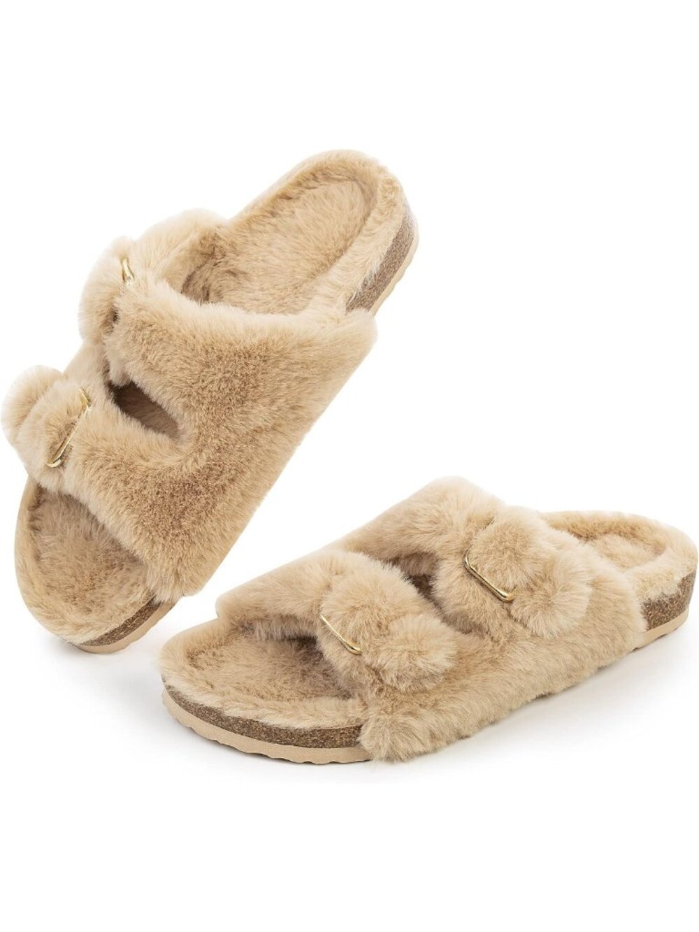 Cozy Open Toe Faux Fur Slippers | Stylish Cork Slide Sandals for Women